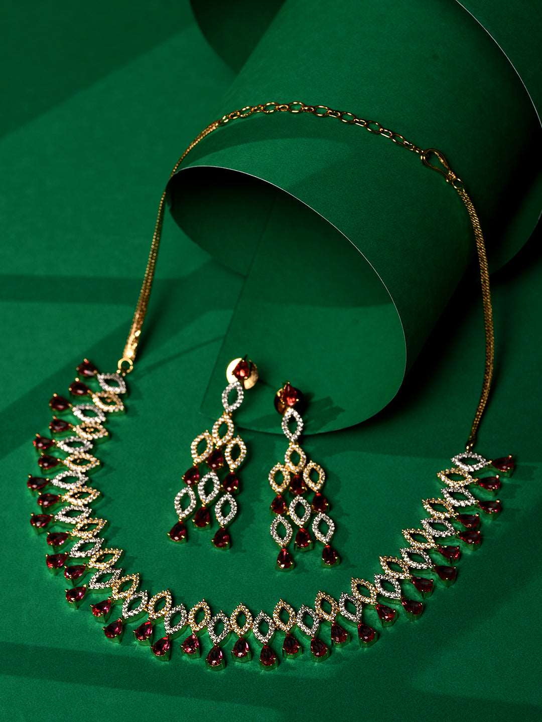 Gold Plated Red AD studded Chandelier Necklace Jewellery Set, zaveri pearls, sale price rs, sale price, sale gold plated, sale gold, sale, rubans, ring, regular price, priyassi jewellery, kus